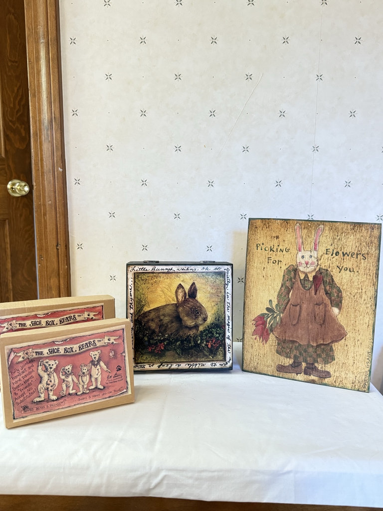 Vintage wooden boxes with bear and bunny illustrations - image 1 of 10