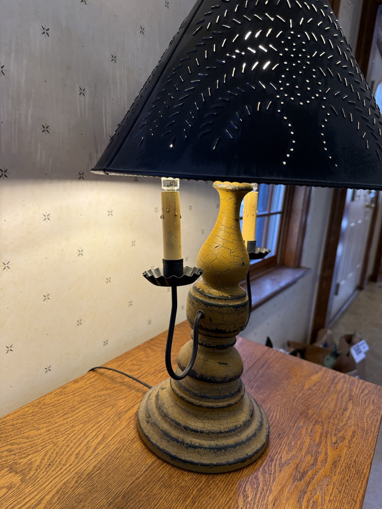 Vintage three-bulb table lamp with crackled yellow finish and perforated shade - image 7 of 10