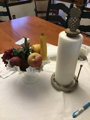 Artificial fruit in milk glass bowl and pineapple-top paper towel holder - Image 1 of 3