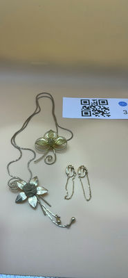 Gold Flower Necklace, Pin And Clip On Earrings - Image 1 of 12