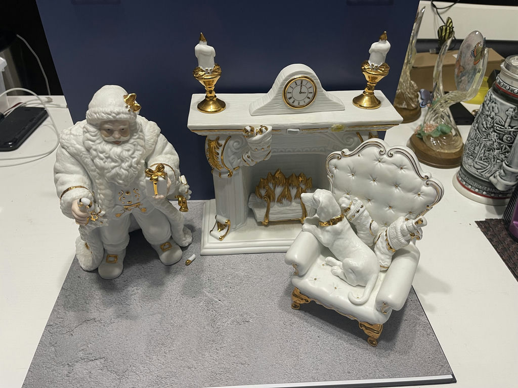 White and Gold Santa Figurine with Fireplace and Armchair Decor Set - image 1 of 13