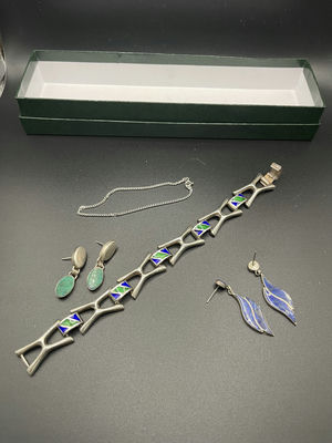 Silver Jewelry Bracelet And Earrings - Image 1 of 11