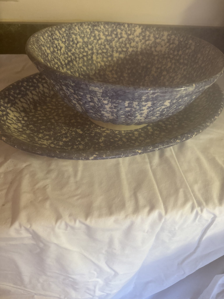 Roma Bowl Vintage blue speckled ceramic bowl and matching platter - image 1 of 9