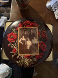 Floral decorative tins, a ceramic vase with fabric roses, and a decorative plate with a vintage photo - thumbnail 4 of 6