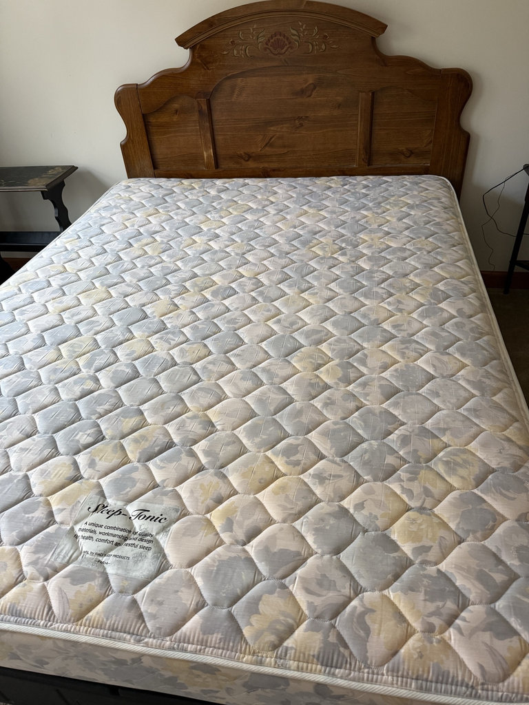 Twin size Wooden bed frame with carved headboard and quilted mattress - image 1 of 3