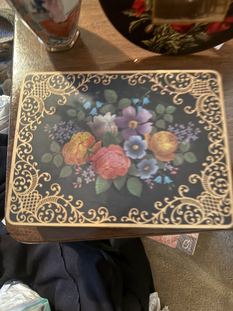 Floral decorative tins, a ceramic vase with fabric roses, and a decorative plate with a vintage photo - image 2 of 6