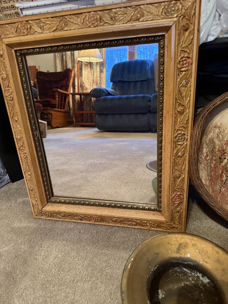 Ornate gold-framed mirror, butterfly botanical tray, and green ceramic pot - image 4 of 5