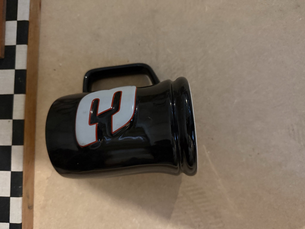 Wooden race car sculpture, black mug, and wooden picture frame - image 2 of 4