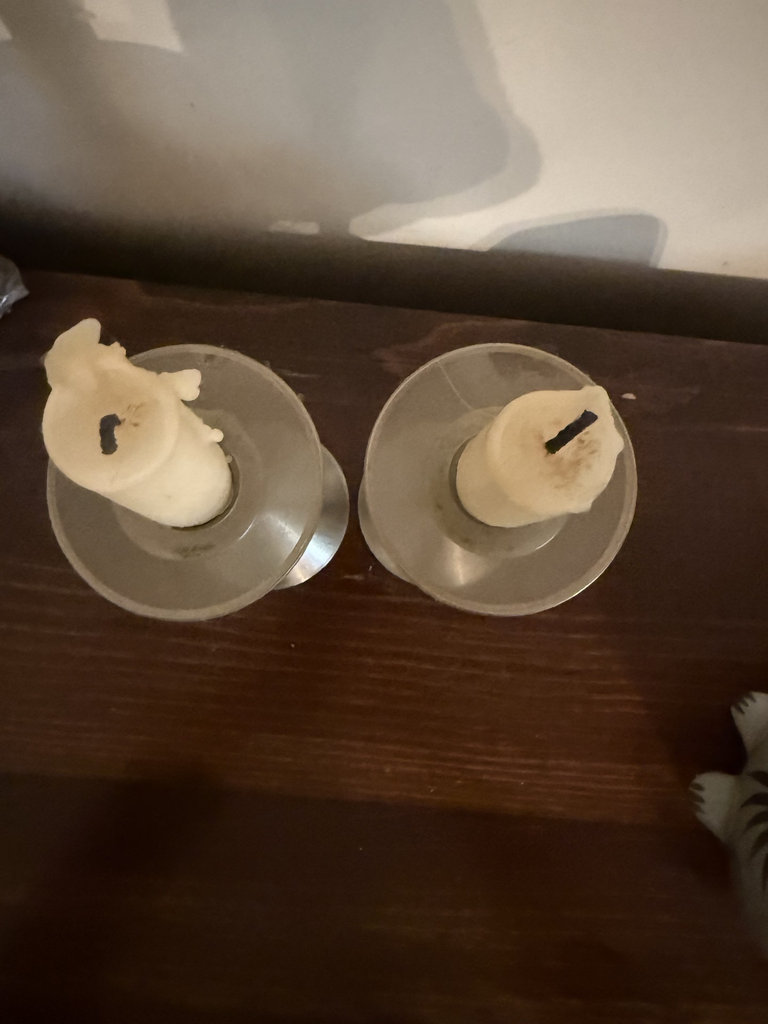 Two metal candlesticks with candles and two candle snuffers - image 3 of 6