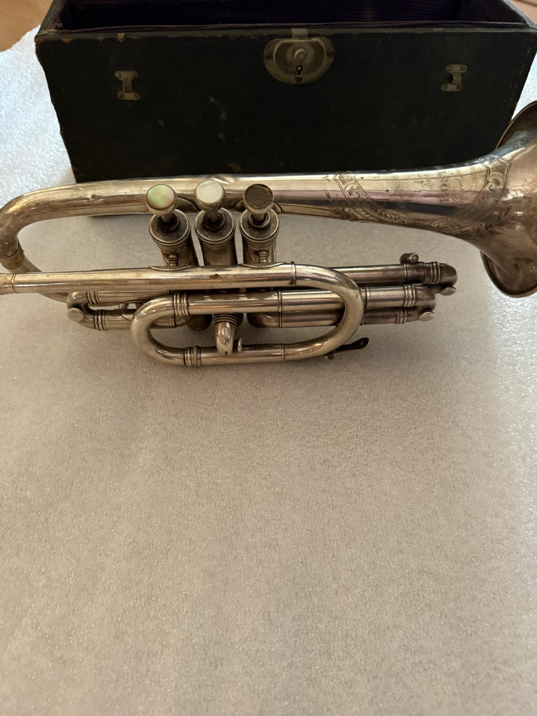 Boston Cornets Antique silver-plated cornet with engraved bell in a hard case - image 4 of 7