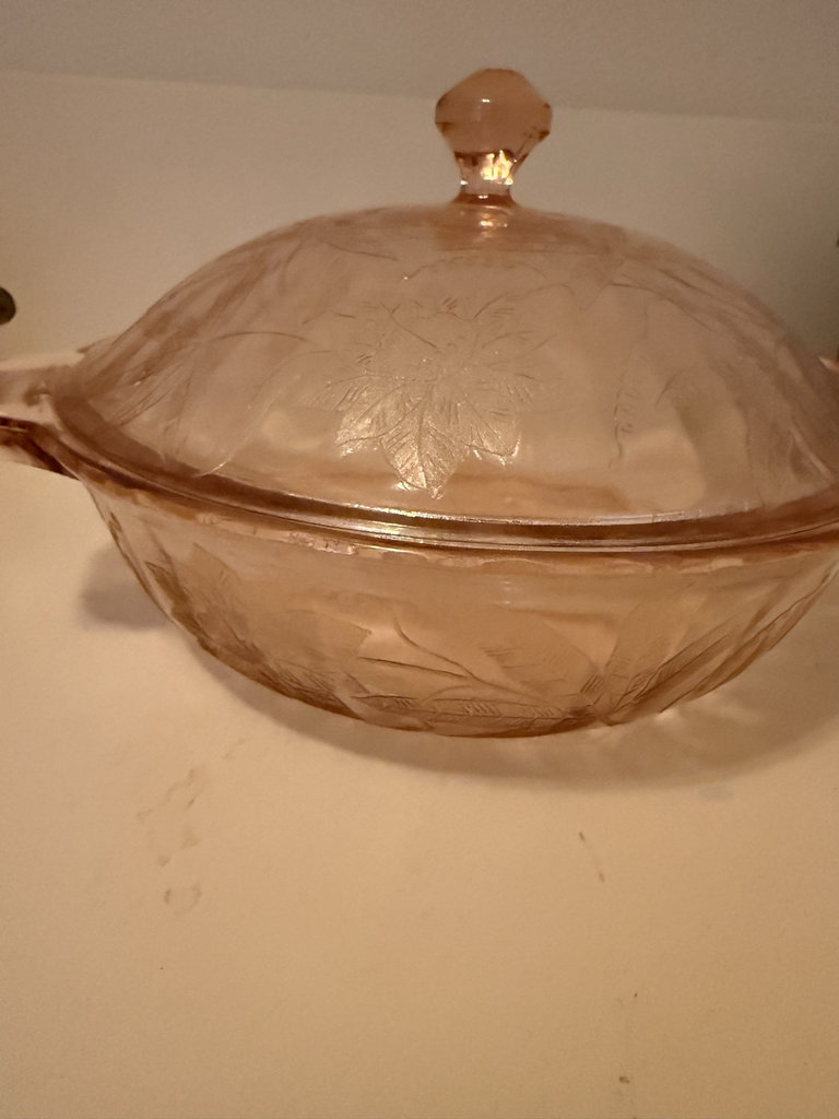 Rubian Art Blue and White Floral Ceramic Pot with Lid and Depression glass Pink Etched Glass Covered Dish - image 3 of 7