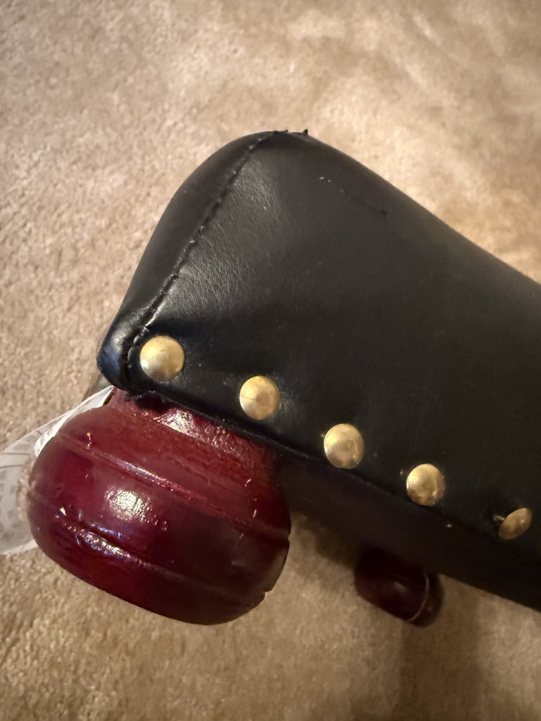Square black leather-top stool with wooden ball feet - image 7 of 9