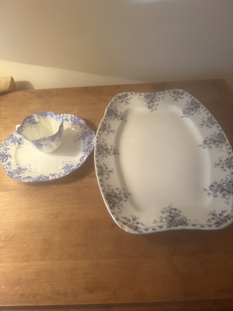 Blue and white Shelley bone china teacup with saucer and platter - image 1 of 7