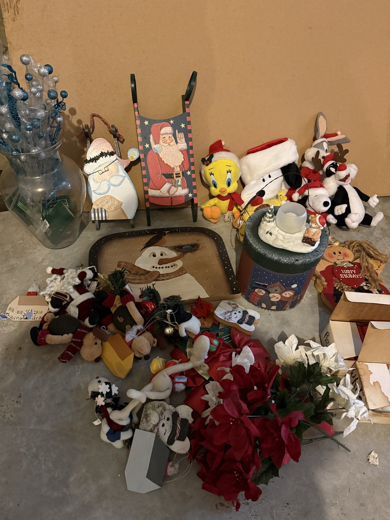 Assorted Christmas decorations and holiday plush characters - image 1 of 8