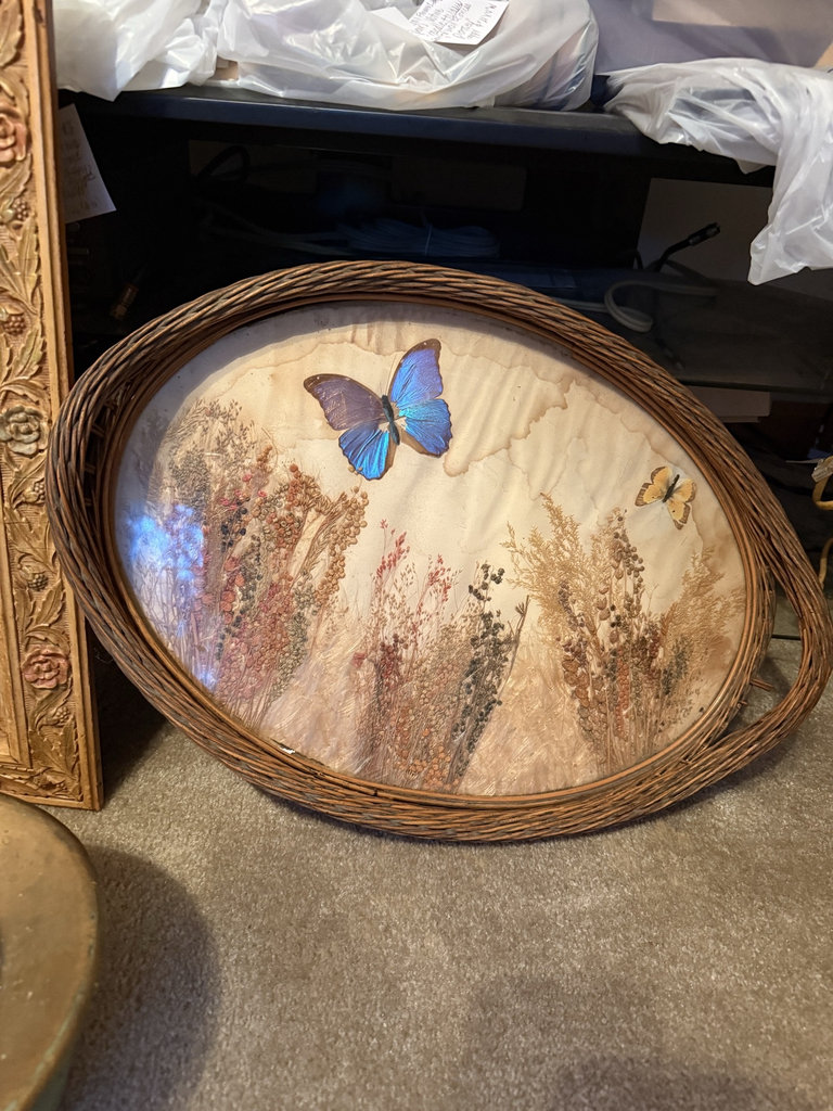 Ornate gold-framed mirror, butterfly botanical tray, and green ceramic pot - image 2 of 5
