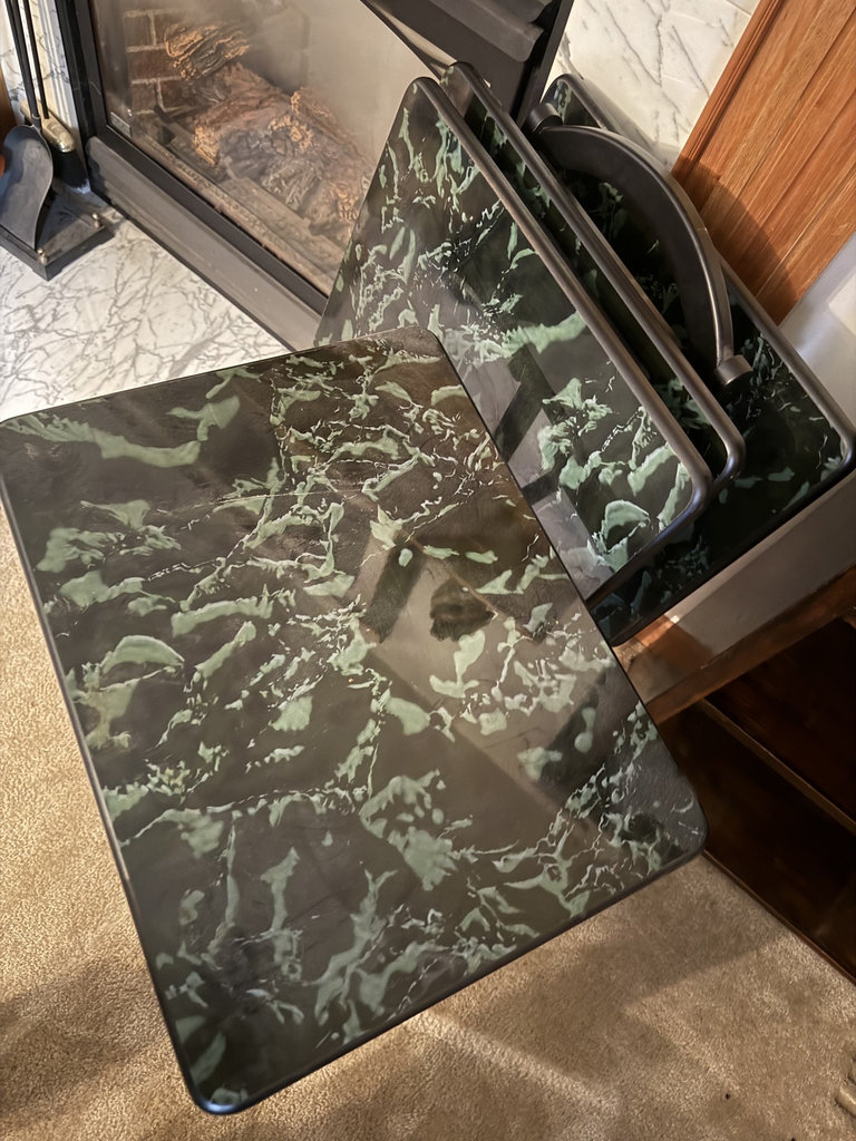 Black metal folding tables with green marble-pattern laminate tops - image 6 of 8
