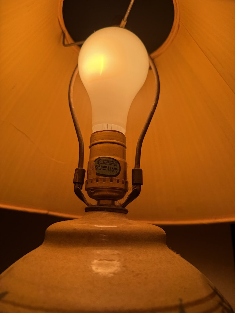 Blue-brown pottery-style ceramic lamp with pleated shade - image 3 of 5