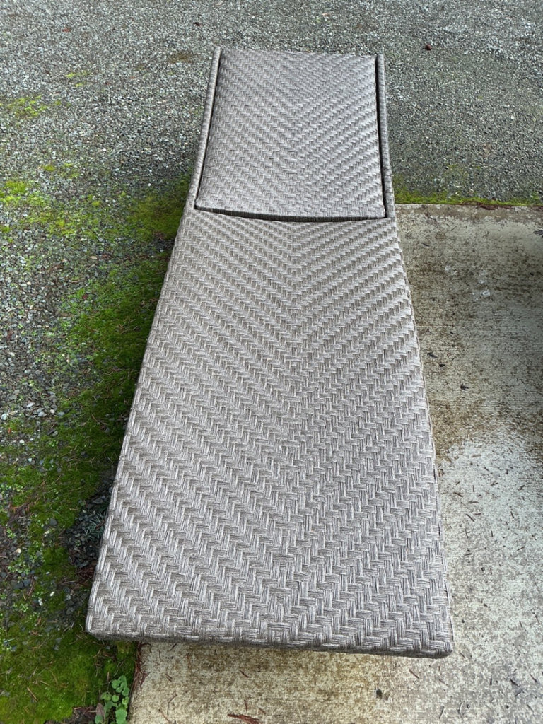 Outdoor wicker chaise lounges with red cushions and mosaic-topped table - image 3 of 6