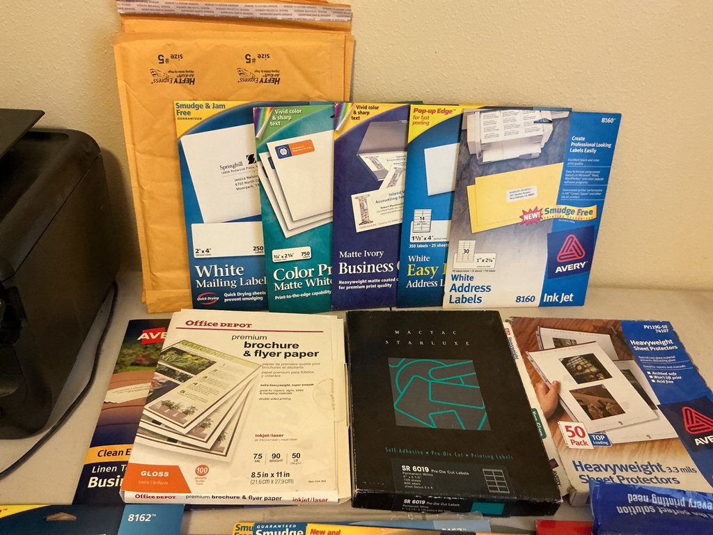 HP printer with office supplies, papers and labels - image 3 of 5