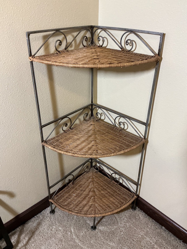 Two metal-framed corner shelves with wicker shelves - image 2 of 3