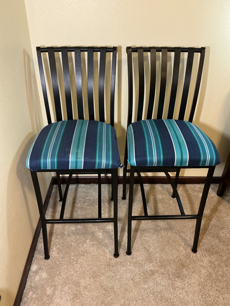 Pair of black metal bar stools with striped upholstery - image 1 of 5