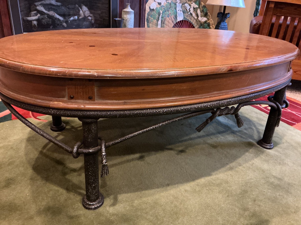 Oval wooden coffee table with metal base - image 2 of 4