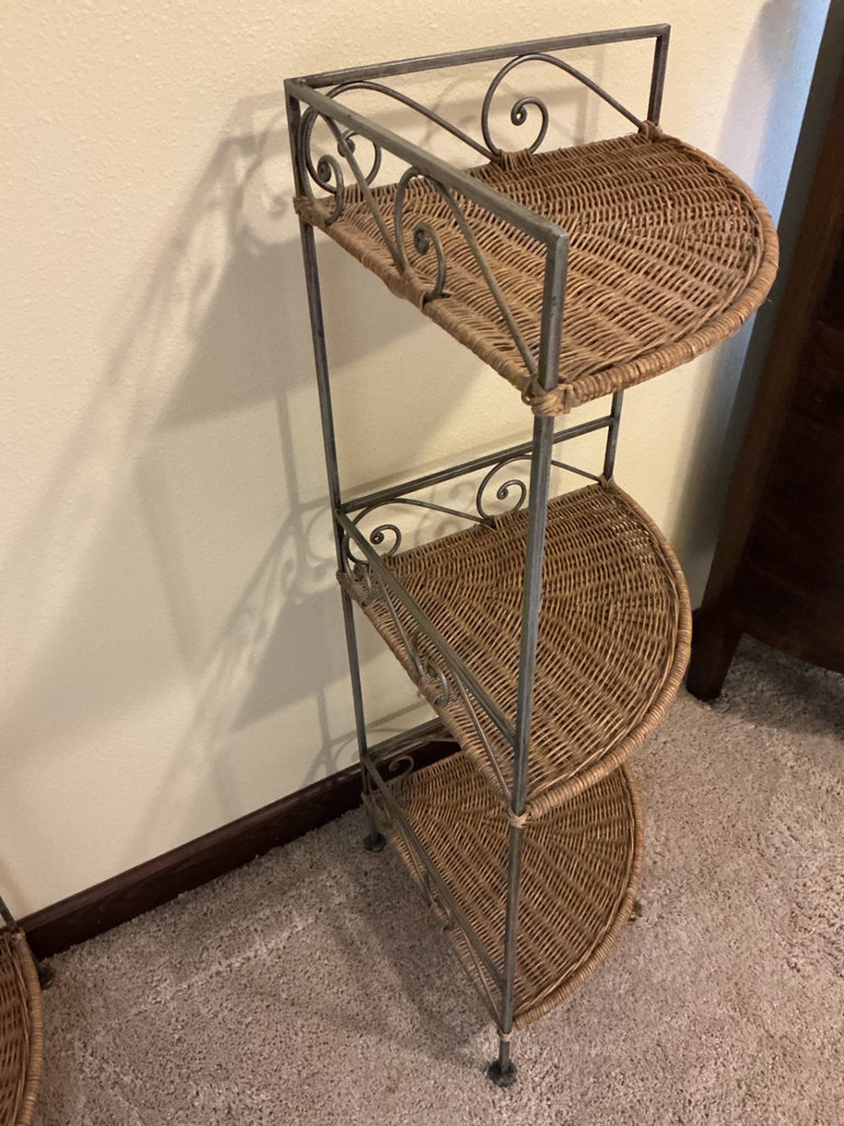 Two metal-framed corner shelves with wicker shelves - image 3 of 3