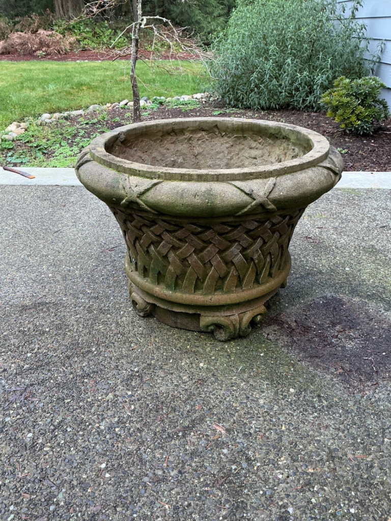 Green metal garden bench with leaf motif and large stone planter - image 5 of 6