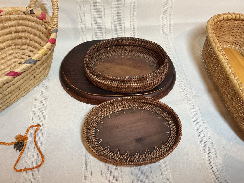 Woven baskets, teak wooden bowl - image 6 of 7