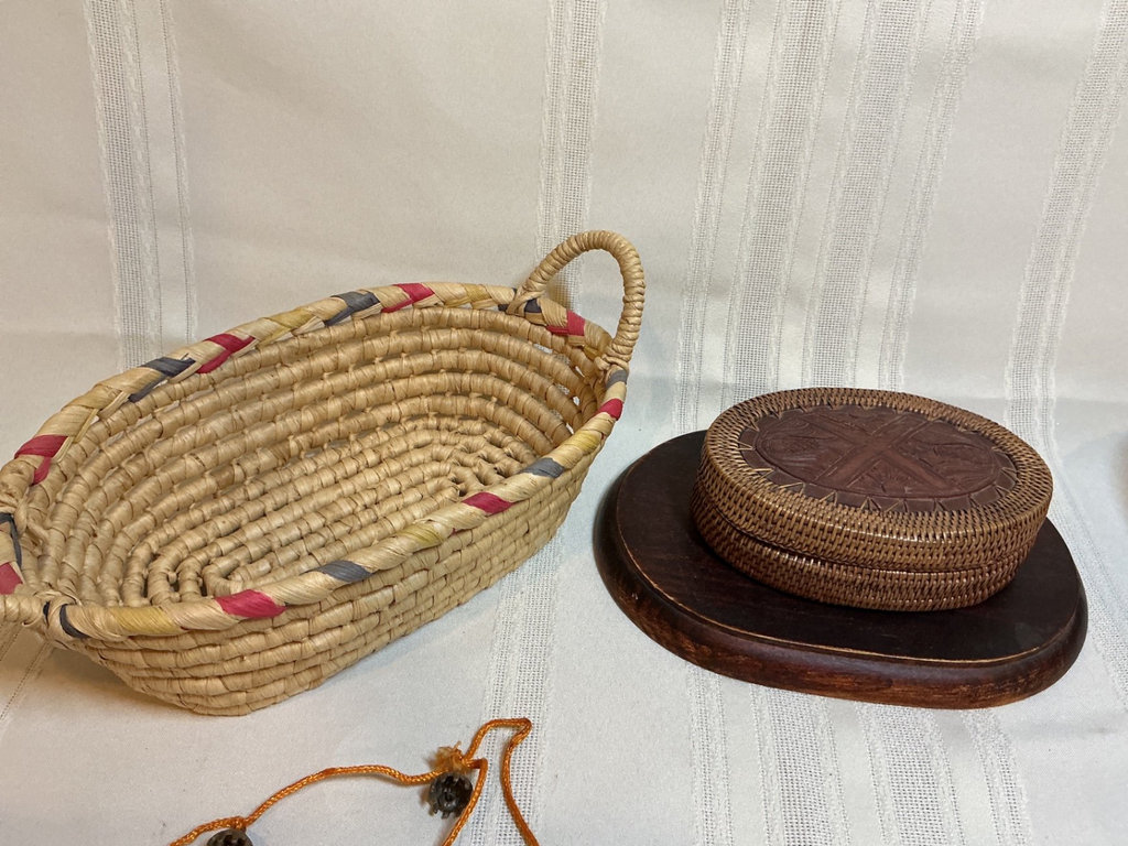 Woven baskets, teak wooden bowl - image 3 of 7