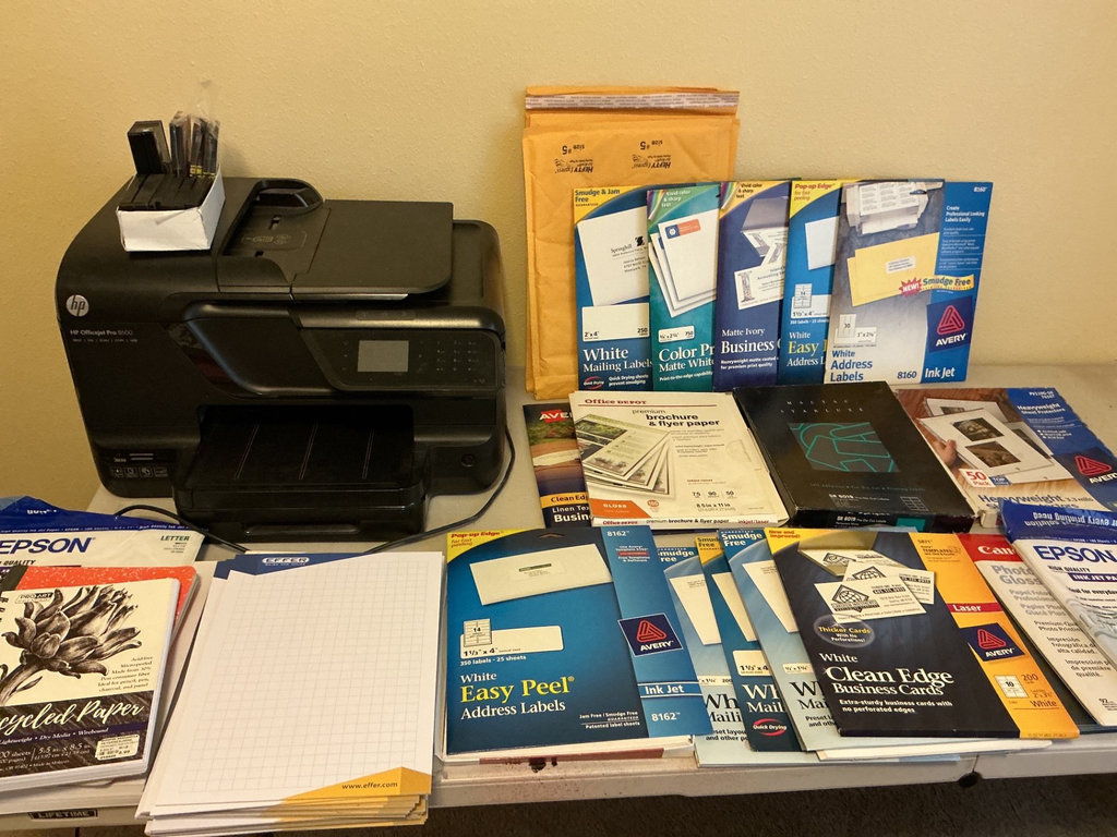 HP printer with office supplies, papers and labels - image 1 of 5