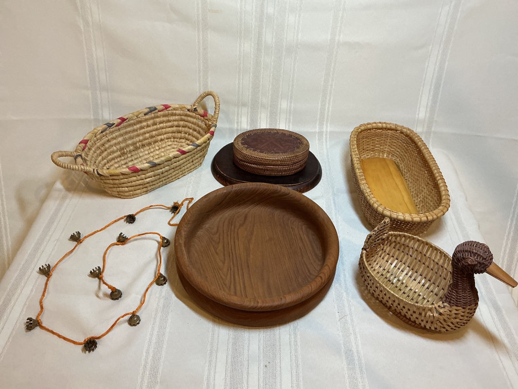 Woven baskets, teak wooden bowl - image 1 of 7