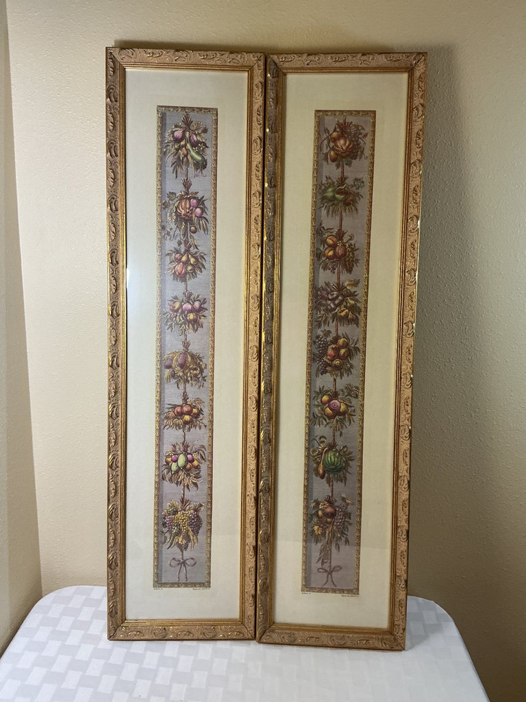 Pair of tall fruit still-life prints in ornate gold frames - image 1 of 5