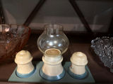 Amber scalloped-edge pedestal bowl, clear crystal bowl, and vintage lamp with salt and pepper shakers - thumbnail 2 of 3