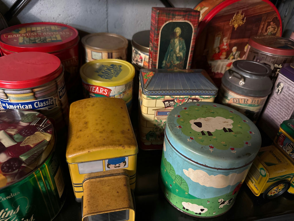 Assorted vintage metal tins and novelty containers - image 4 of 7
