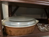 PYREX ceramic casserole with glass lid, brown ceramic bowl, and glass serving dish - thumbnail 1 of 3