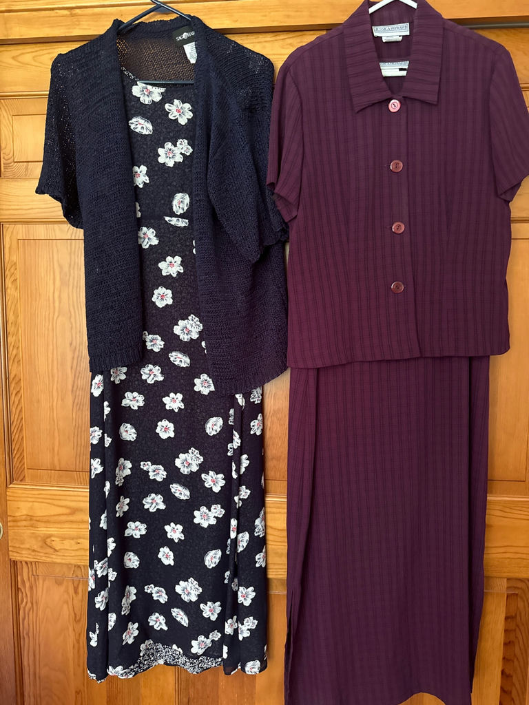 Navy floral maxi dress with cardigan and plum purple two-piece suit - image 1 of 5