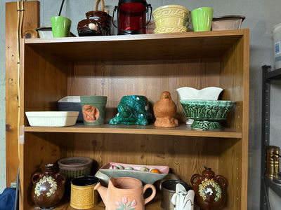 Assorted Ceramic Pottery on Wooden Shelf - Image 1 of 2