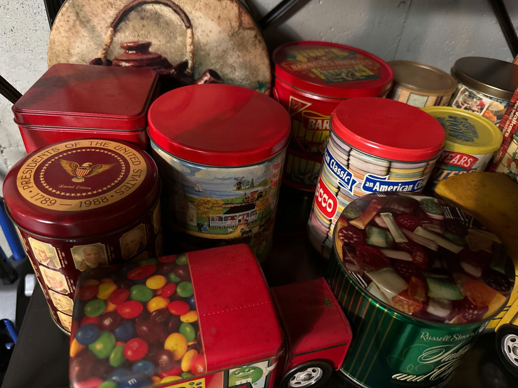 Assorted vintage metal tins and novelty containers - image 3 of 7