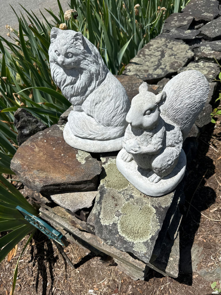 Stone garden statues: cat and squirrel - image 1 of 1
