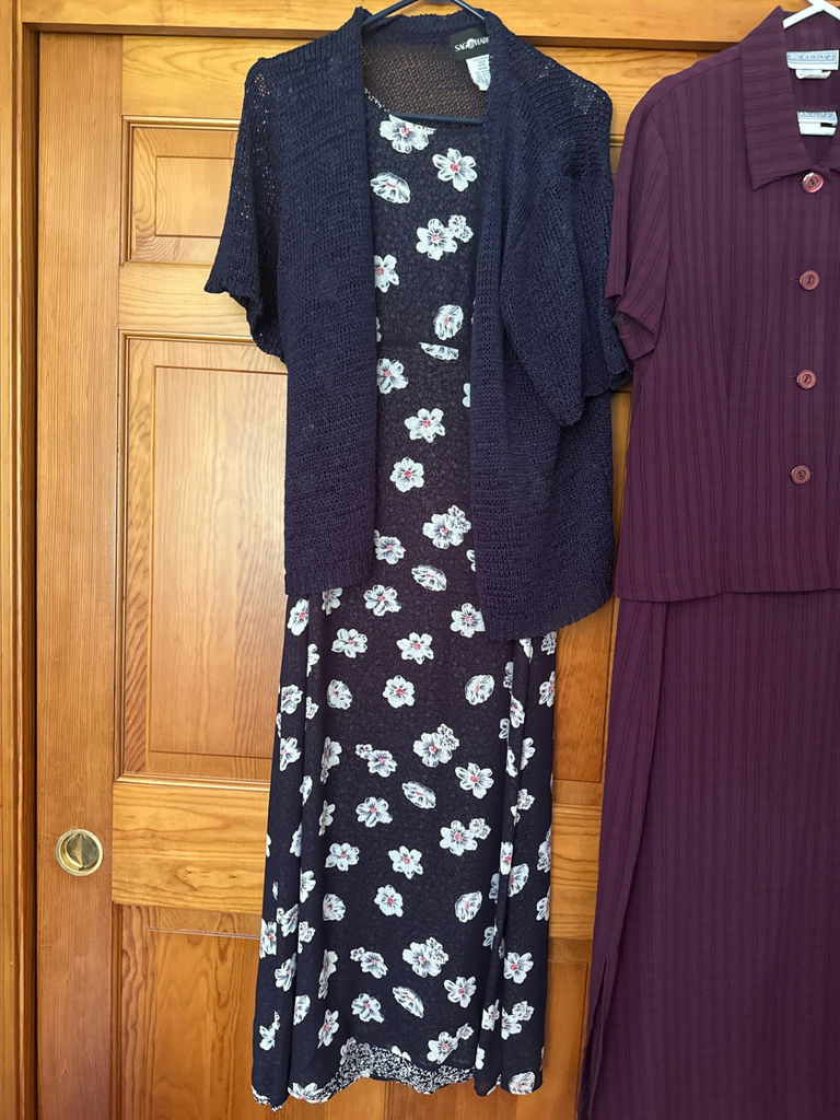 Navy floral maxi dress with cardigan and plum purple two-piece suit - image 2 of 5