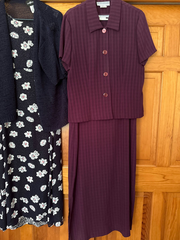 Navy floral maxi dress with cardigan and plum purple two-piece suit - image 3 of 5