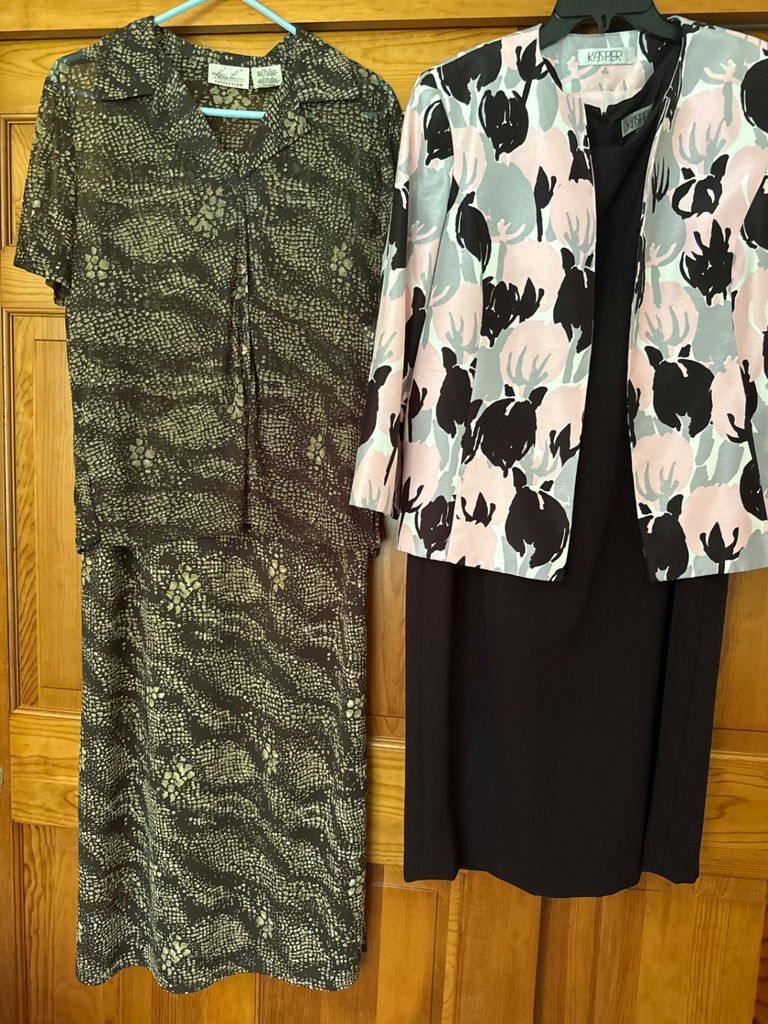 Dark printed shirt dress and pastel floral blazer with dress - image 1 of 5