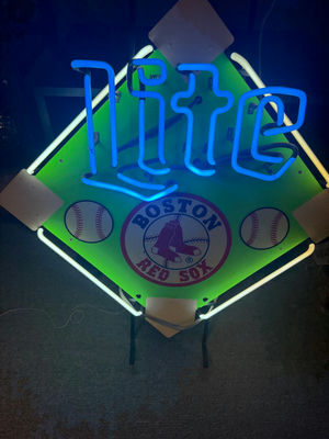 Blue neon sign with Boston Red Sox emblem and vintage power transformer - Image 1 of 2