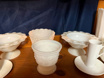 White milk glass  ceramic bowls, vases, and mug collection - Image 1 of 4