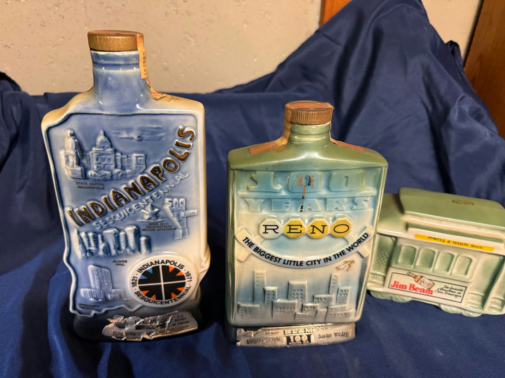 City-themed ceramic liquor decanter set (Indianapolis, Reno, Jim Beam storefront) - image 1 of 7