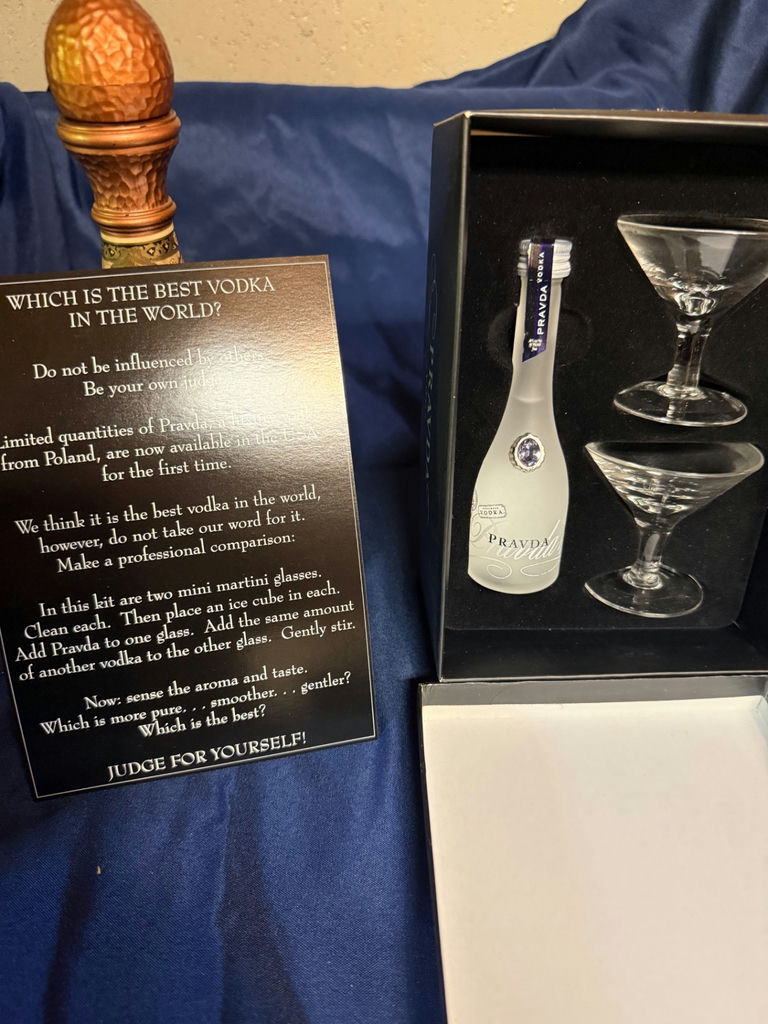 Hammered copper Turkish coffee decanter, Pravda vodka tasting kit, and ceramic bear statue - image 3 of 5