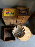 Vintage wooden fruit crates with advertising panels and a round metal basket - thumbnail 2 of 2