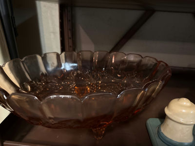 Amber scalloped-edge pedestal bowl, clear crystal bowl, and vintage lamp with salt and pepper shakers - Image 1 of 3