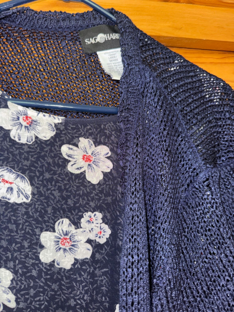 Navy floral maxi dress with cardigan and plum purple two-piece suit - image 5 of 5